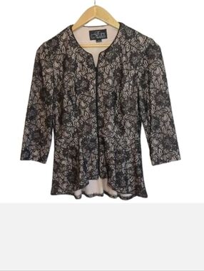 Alex Evenings Metallic Black Lace Zip-Up Peplum Formal Jacket | Size Small
